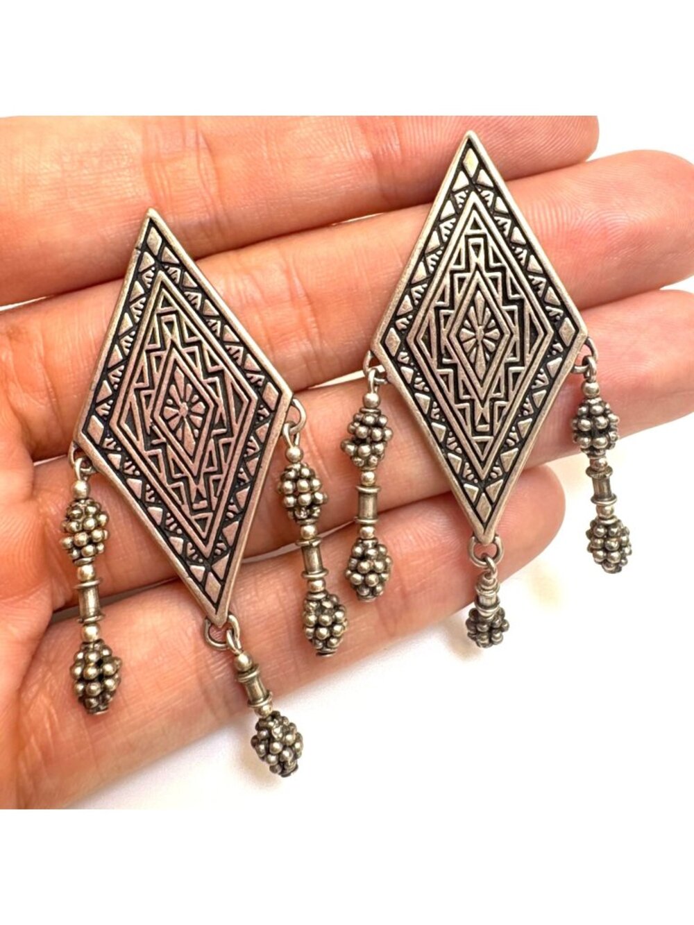 Masha Ornate Engraved Sterling Silver 925 Dangle Earrings Post Backs 2.5" L